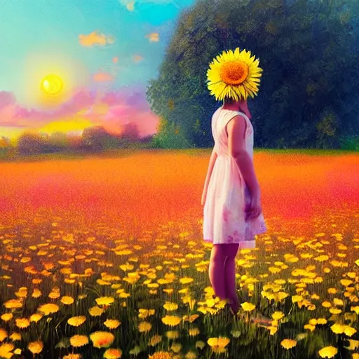 Prompt: head made of giant daisies, girl standing barefoot in a flower field, arms behind back, surreal photography, sunrise dramatic light, impressionist painting, colorful clouds, large sky, digital painting, artstation, simon stalenhag, flower face