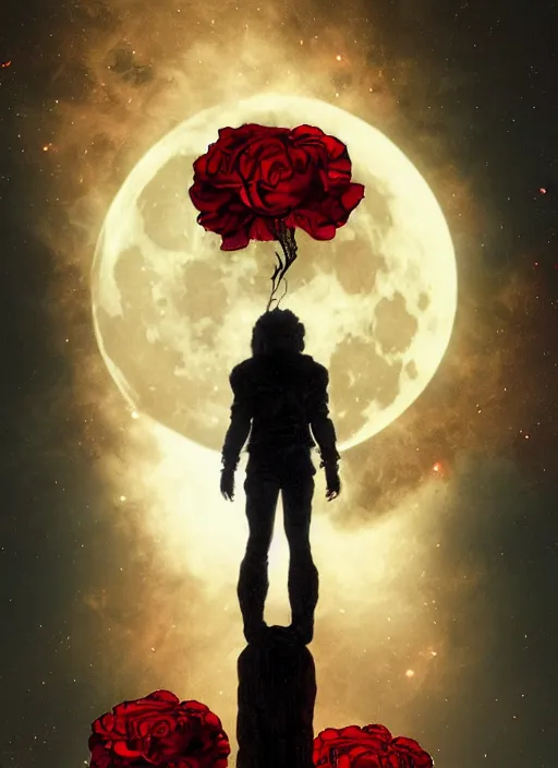 Image similar to Big glowing moon is very important, red and golden color details, portrait, A crow with red eyes in front of the full big moon, book cover, red roses, red white black colors, establishing shot, extremly high detail, foto realistic, cinematic lighting, by Yoshitaka Amano, Ruan Jia, Kentaro Miura, Artgerm, post processed, concept art, artstation, raphael lacoste, alex ross, portrait, A crow with red eyes in front of the full big moon, book cover, red roses, red white black colors, establishing shot, extremly high detail, photo-realistic, cinematic lighting, by Yoshitaka Amano, Ruan Jia, Kentaro Miura, Artgerm, post processed, concept art, artstation, raphael lacoste, alex ross