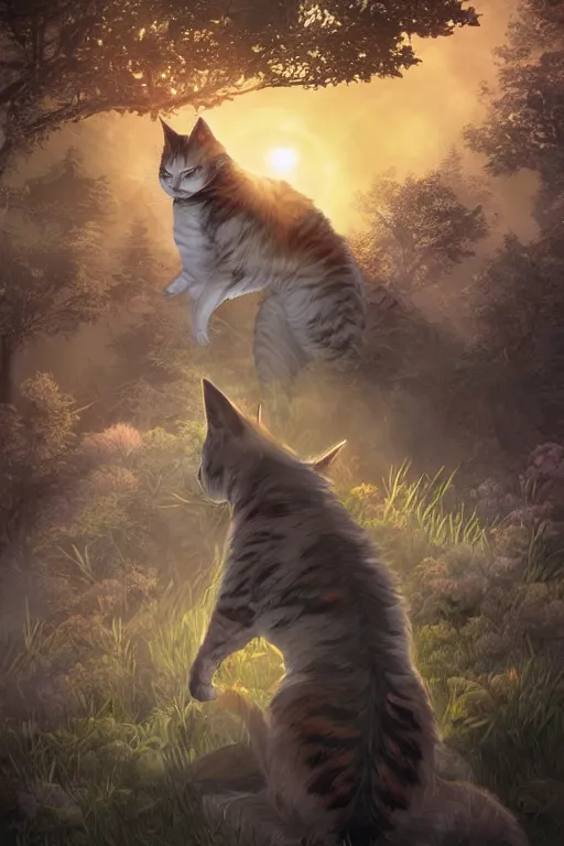 Image similar to a book cover for warrior cats by wayne mclouglin, depth of field, sun flare, hyper realistic, very detailed, backlighting, trending on artstation