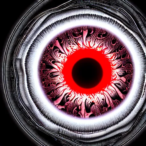 Image similar to a detailed extremely close up of inside the iris, cornea, red image, microscopic, extremely close up drawing by junji ito, cgsociety, generative art, lovecraftian, parallax, cosmic horror, extremely detailed, hyperrealism, unreal engine, octane render, award winning, masterpiece, highly detailed, realistic, 4 k, digital