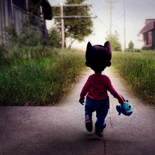 Image similar to a cute little monster walking with a little baby, friends, portrait, pixar style, abandoned environment, cinematic lighting, award winning creature portrait photography