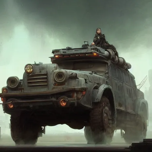 Image similar to a highly detailed epic cinematic concept art CG render digital painting artwork: dieselpunk patrol car. By Greg Rutkowski, Ilya Kuvshinov, WLOP, Stanley Artgerm Lau, Ruan Jia and Fenghua Zhong, trending on ArtStation, subtle muted cinematic colors, made in Maya, Blender and Photoshop, octane render, excellent composition, cinematic atmosphere, dynamic dramatic cinematic lighting, precise correct anatomy, aesthetic, very inspirational, arthouse