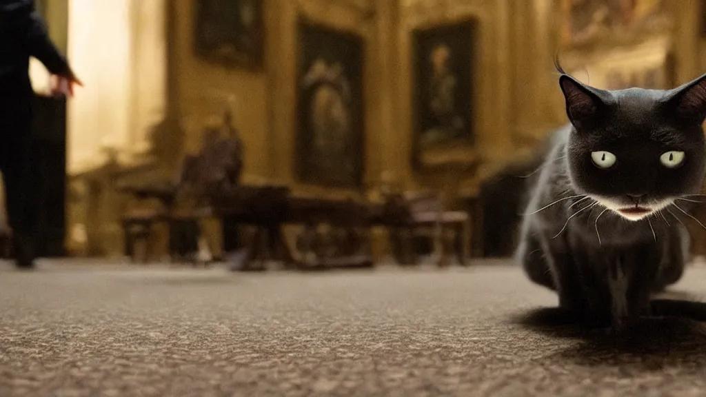 Image similar to the cat creature in city hall, it looks me in the eye film still from the movie directed by denis villeneuve and david cronenberg with art direction by salvador dali, wide lens