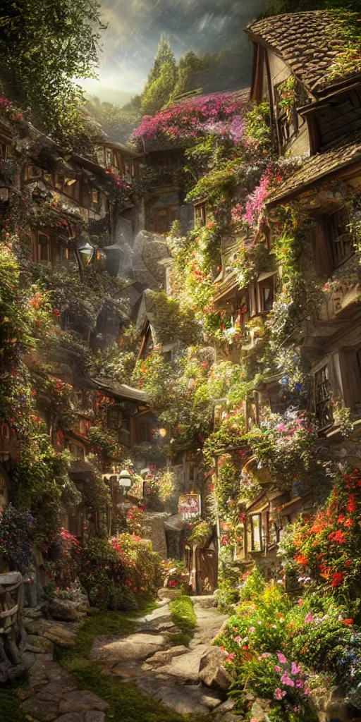 Image similar to my precious! - the hobbit - j. r. r. tolkien - a medieval village in switzerland, ornate, beautiful, atmosphere, vibe, flowers, concept art illustration, greg rutowski, volumetric lighting, sunbeams, particles