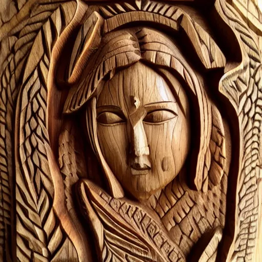 Prompt: goddess, forest, abstract, ornate, relief, wood carving, detailed, beautiful, eyes open