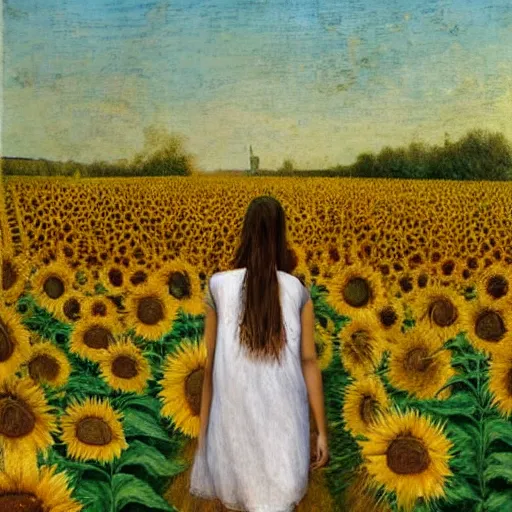 Prompt: a girl slowly walking through amazing tall sunflower field, her hair flowing down, subtle, intricate details, real masterpiece, oil on canvas, by leonardo da vinci, vitalik buterin