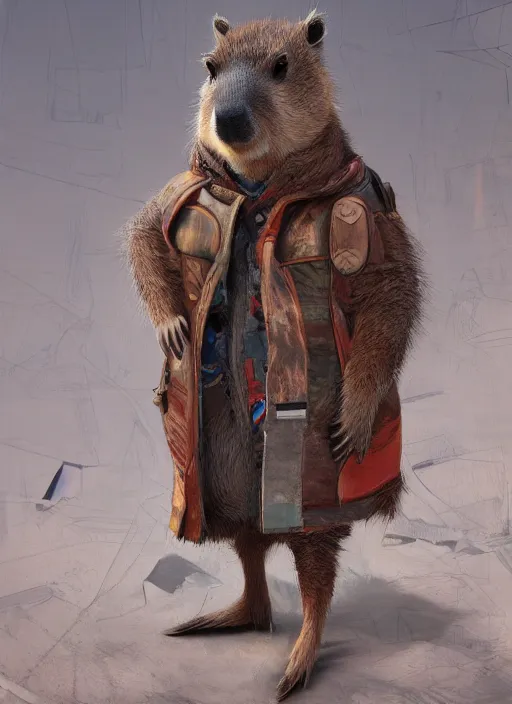 Prompt: detailed full body concept art illustration, oil painting on canvas of an anthropomorphic capybara school teacher in full intricate clothing, biomutant, dystopian, micro detail, octane render, 4K