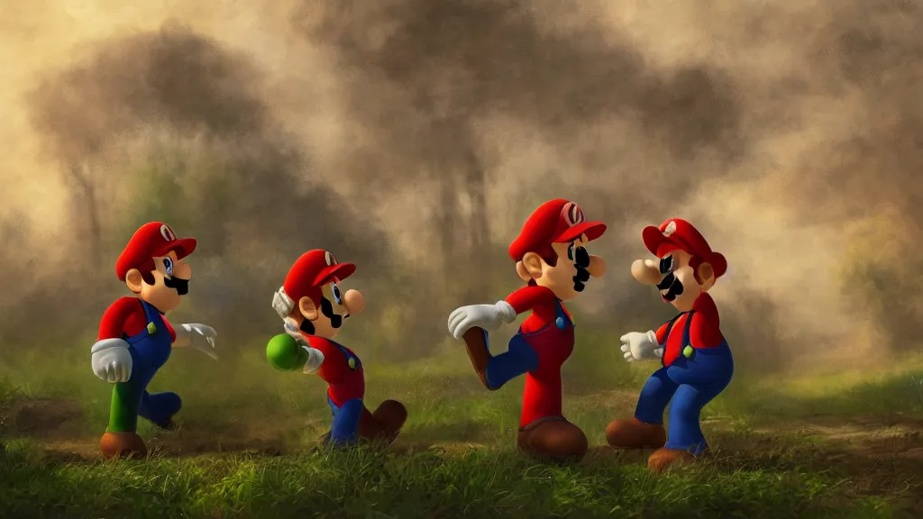 Image similar to mario and luigi are arrested for tax evasion eugene von guerard, ivan shishkin, dramatic lighting, concept art, trending on artstation, 8 k