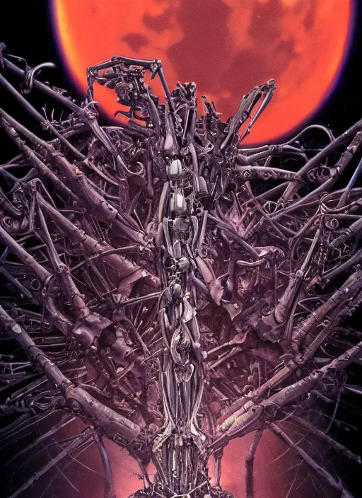 Image similar to Neon Genesis Evangelion by Yoshitaka Amano, by HR Giger, biomechanical, 4k, hyper detailed, hyperrealism, anime, a Blood Moon rising on a Broken World, deviantart, artstation