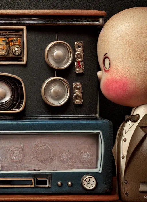 Prompt: highly detailed close - up portrait of a retro 1 9 6 0 s radio, nicoletta ceccoli, mark ryden, lostfish, earl nore, hyung tae, frank frazetta, global illumination, god rays, detailed and intricate environment