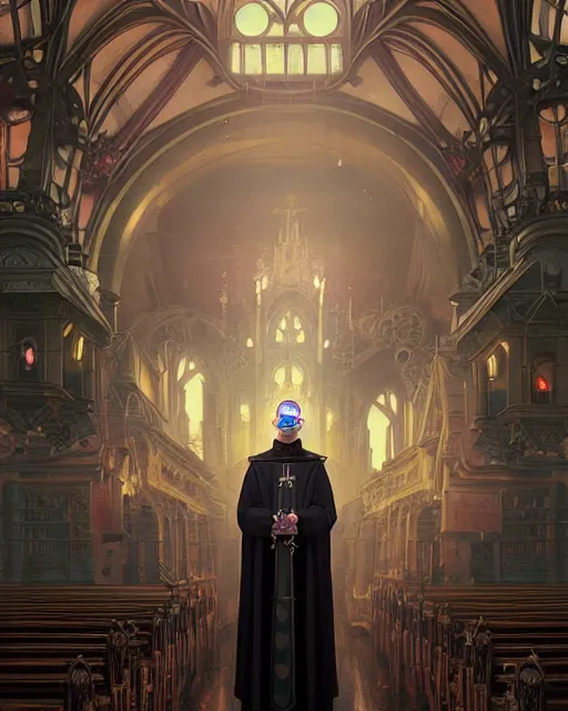 Image similar to highly detailed surreal vfx portrait of a steampunk priest in a steampunk cathedral, stephen bliss, unreal engine, greg rutkowski, loish, rhads, beeple, makoto shinkai and lois van baarle, ilya kuvshinov, rossdraws, tom bagshaw, alphonse mucha, global illumination, detailed and intricate environment