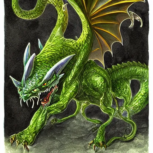 Prompt: fairy tale, painting, large green dragon, venomfang, dnd, inside a castle, four legs, long claws, wide wings, sitting on a small hoard of gold, realistic, dungeons and dragons