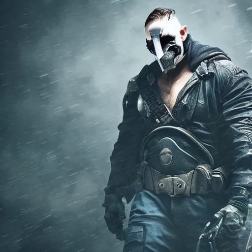 Image similar to bane as a cyberpunk character, 4k, high detail, high-resolution photograph, professional photography, ultra-detail