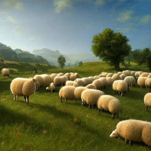 Prompt: A bunch of sheeps,clear skies,Green meadow,highly detailed,elegant,Marc Simonetti and Caspar David Friedrich, Trending on artstation