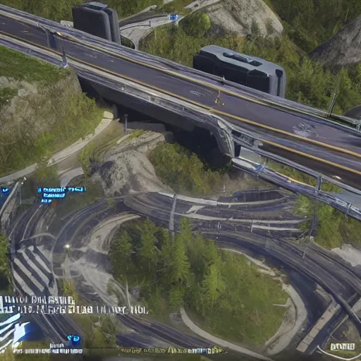 Prompt: Halo Infinite Interchange map preview, urban, freeway, bridge