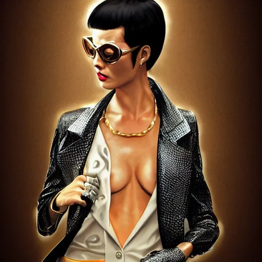 Image similar to Goro Majima as slim girl, gold suit jacket in snake print, black leather gloves, short black hair, black eye patch, elegant, 2d, ultra highly detailed, digital painting, smooth, sharp focus, artstation, art by Ilya Kuvshinov