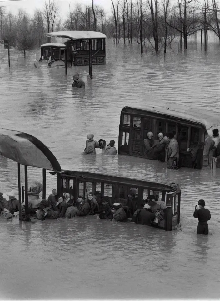 Prompt: Almost completely flooded metro wagon. Photo from inside the wagon, in the center of the frame stands one calm man up to his chest in water and looks at the camera. Warm lighting, old color photo, USSR, extremely detailed, 8k