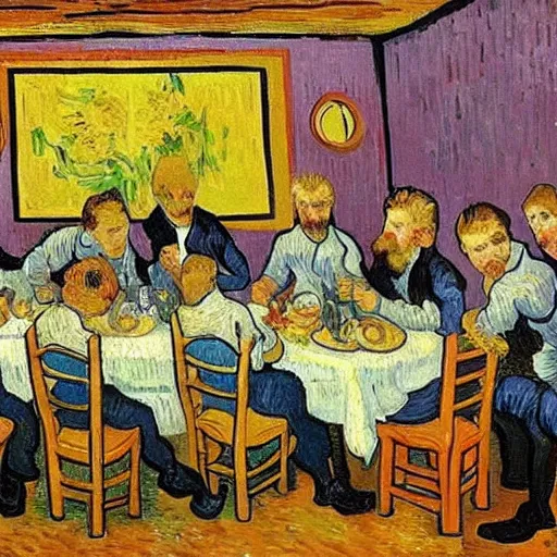 Image similar to a group of friends having lunch, van Gogh style