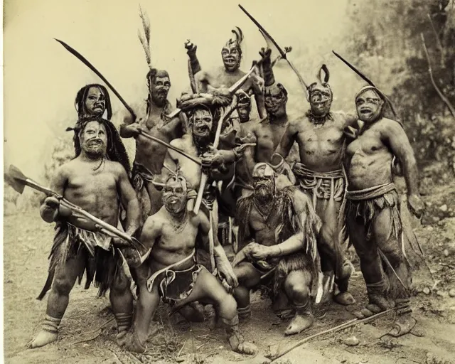 Prompt: group vintage photograph of a warrior orc tribe with a human explorer, highly detailed