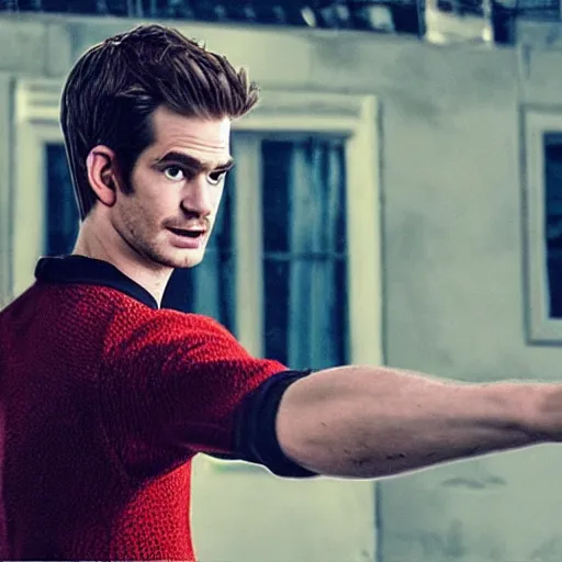 Image similar to A portrait of Andrew Garfield using his Wing Chun skills to defeat a group of baddies. Photo realistic, high detail