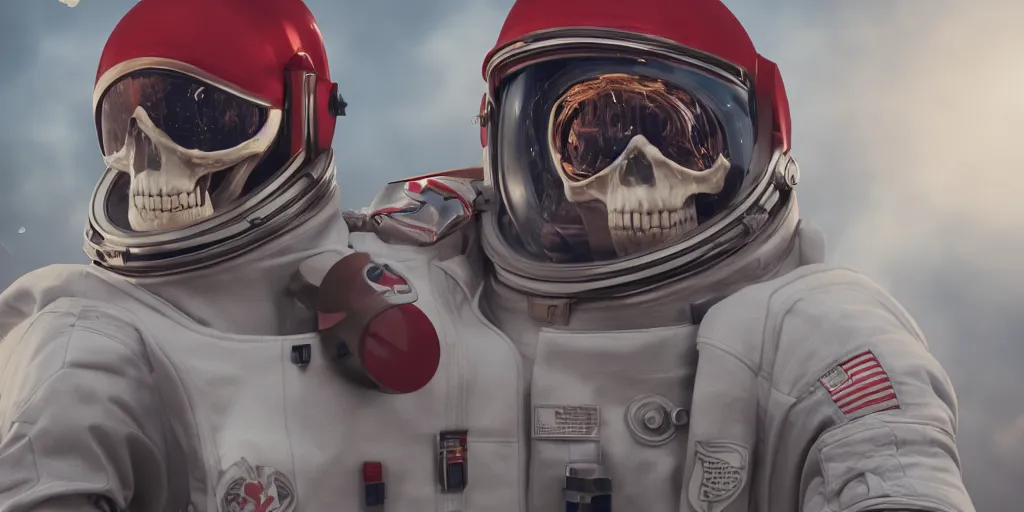 Image similar to ornate red skull in astronaut suit, gold linens, cinematic lighting, dramatic, octane render, long lens, shallow depth of field, bokeh, anamorphic lens flare, 8k, hyper detailed