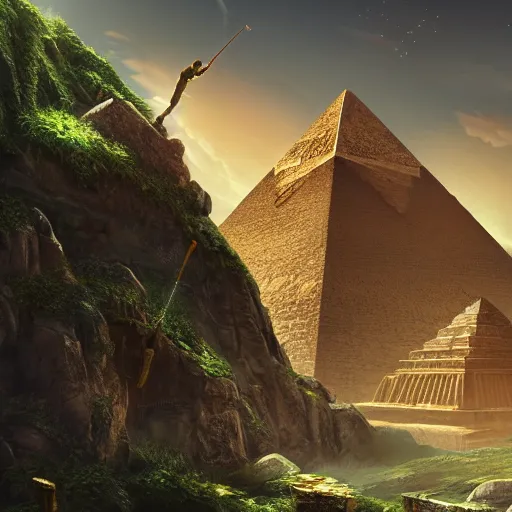 Image similar to magical ancient pyramid, gold, treasure, lara croft charater, realistic illustration, pyramid surrounded with greenery, illustrations, 3 d render, illustrated, incredible details, highly detailed, photorealistic, disney pixar, octane render, iridescent, anime, 8 k