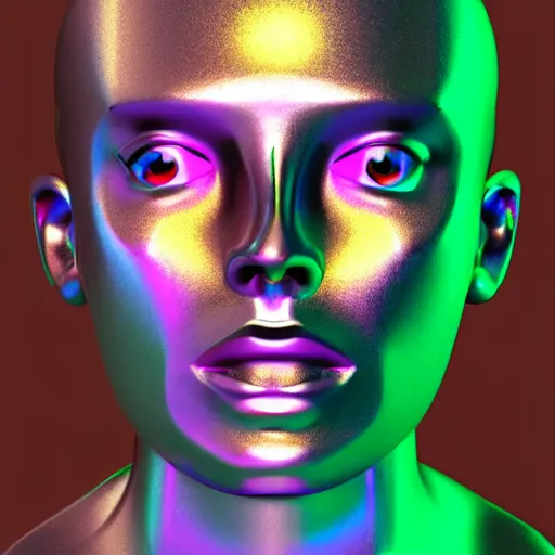 Image similar to 3d render of holographic human robotic head made of glossy iridescent, surrealistic 3d illustration of a human face non-binary, non binary model, 3d model human, cryengine, made of holographic texture, holographic material, holographic rainbow, concept of cyborg and artificial intelligence