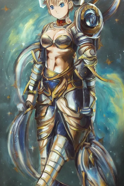 Prompt: a detailed painting in the style of anime of a galactic female warrior in armor