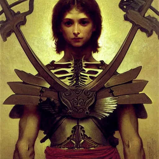 Image similar to portrait of a fully armed skeleton archer with big sword, wearing helmets and armor with wings, symmetrical, solemn, sacred, aura, by bouguereau