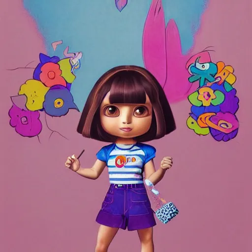 Prompt: dora the explorer as real girl in happy pose, detailed, intricate complex background, Pop Surrealism lowbrow art style, muted pastel colors, soft lighting, 50's looks by Yosuke Ueno,Contemporary Art Blog Magazine Gallery Alt Pop Surrealism Lowbrow Photography Sculpture Illustration Painting Surreal Graffiti Fashion Film Dark, artstation cgsociety