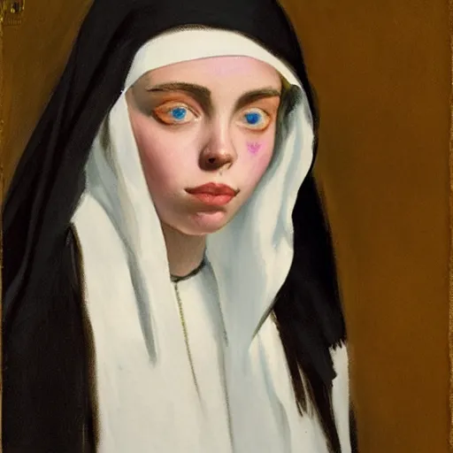 Image similar to Billie Eilish as a nun, painted by Robert Henri