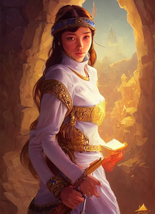 Image similar to portrait of russian mexican asian girl jodhpurs hyperborea lemuria, deep focus, d & d, fantasy, intricate, elegant, highly detailed, digital painting, artstation, concept art, matte, sharp focus, illustration, hearthstone, art by rhads by artgerm and greg rutkowski and alphonse mucha