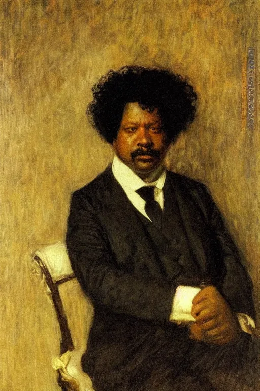 Image similar to Portrait of Alexandre Dumas, oil on canvas, highly detailed, high contrast, by Henry Ossawa Tanner, 8k