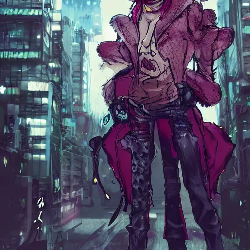 Image similar to beautiful furry art portrait commission of a furry anthro wolf fursona wearing punk clothes in the streets of a cyberpunk city. character design by charlie bowater, ross tran, rick griffin, miles df, detailed, inked, western comic book art