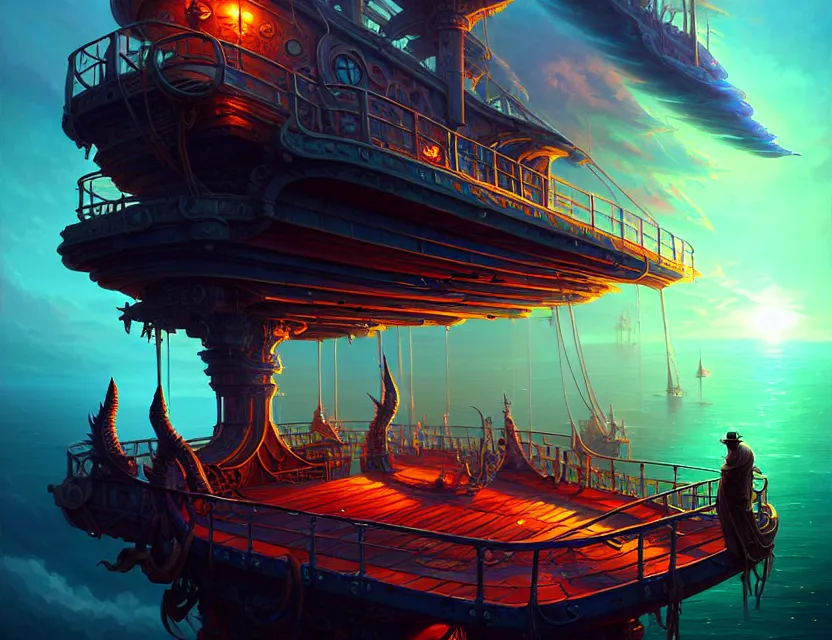 Prompt: standing upon the deck of the flying ship, d & d fantasy art, artstation contest winner, beautiful digital painting in the style of dan mumford, art by kev chan, volumetric lighting, concept art, speedpainting, fantasypunk, deep colors, cgsociety, by art germ, by gerald brom, by peter mohrbacher