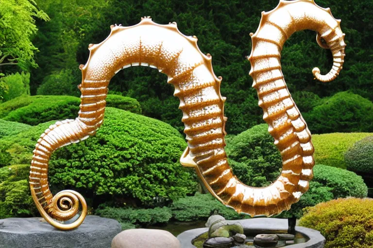 Image similar to a huge flock of many intricate elegant french horn tuba cloud seahorse sculptures, art nouveau japanese garden environment, soothing, milky way, award winning art, epic dreamlike fantasy landscape, ultra realistic,