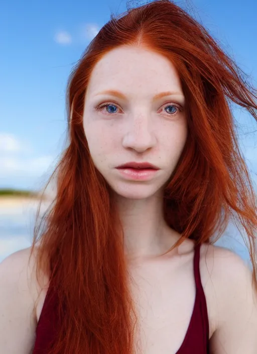 Image similar to close up portrait photograph of a thin young redhead woman with russian descent, sunbathed skin, with deep blue symmetrical!! eyes and Wavy long maroon colored hair who looks directly at the camera, with a Slightly open mouth, face takes up half of the photo. a park visible in the background. 55mm nikon. Intricate. Very detailed 8k texture. Sharp. Cinematic post-processing. Award winning portrait photography. Sharp eyes.