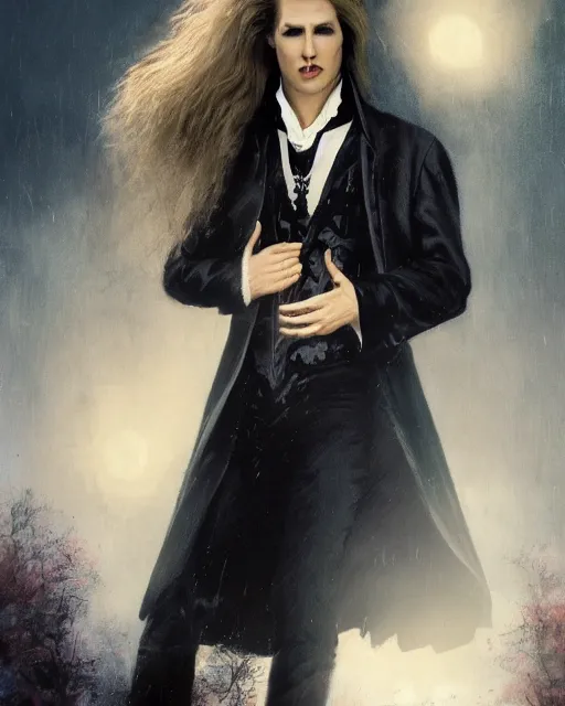 Prompt: alternate cover art for the movie interview with a vampire starring a long haired blonde tom cruise as lestat de lioncourt portrait, face centered, schmuck, regal, confident, unused design, night time, fog, colonial era street, volumetric lighting, realistic illustration, perfectly shaded, soft painting, art by krenz cushart and wenjun lin