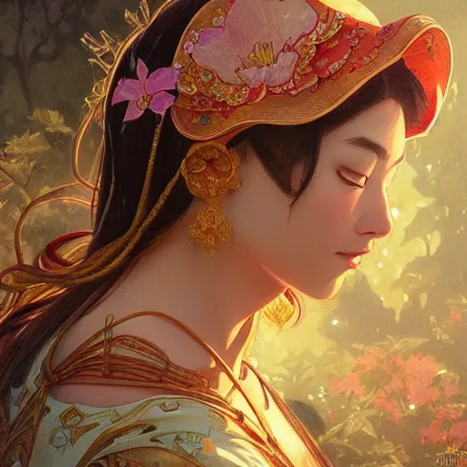 Image similar to portrait of Hello Kitty in ancient Java, D&D, MtG art,fantasy, intricate, elegant, highly detailed, digital painting, artstation, concept art, smooth, sharp focus, illustration, art by artgerm and greg rutkowski and alphonse mucha