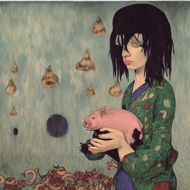 Image similar to tall female emo artist holding a pig in her flooded apartment, mushrooms, octopus, water gushing from ceiling, painting of flood waters inside an artist's apartment, a river flooding indoors, pomegranates, pigs, ikebana, zen, river, rapids, waterfall, black swans, canoe, berries, acrylic on canvas, surrealist, by magritte and monet