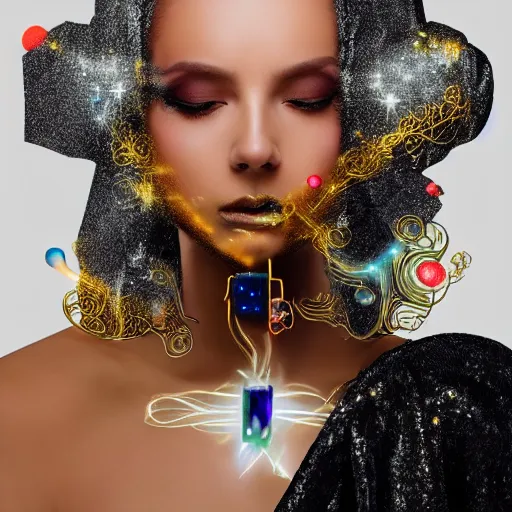 Image similar to portrait of a beautiful futuristic woman layered with high-tech jewelry wrapping around her face and head, golden-silver light with tiny blue, gold, and red gems scattered like dust, and a white lace background