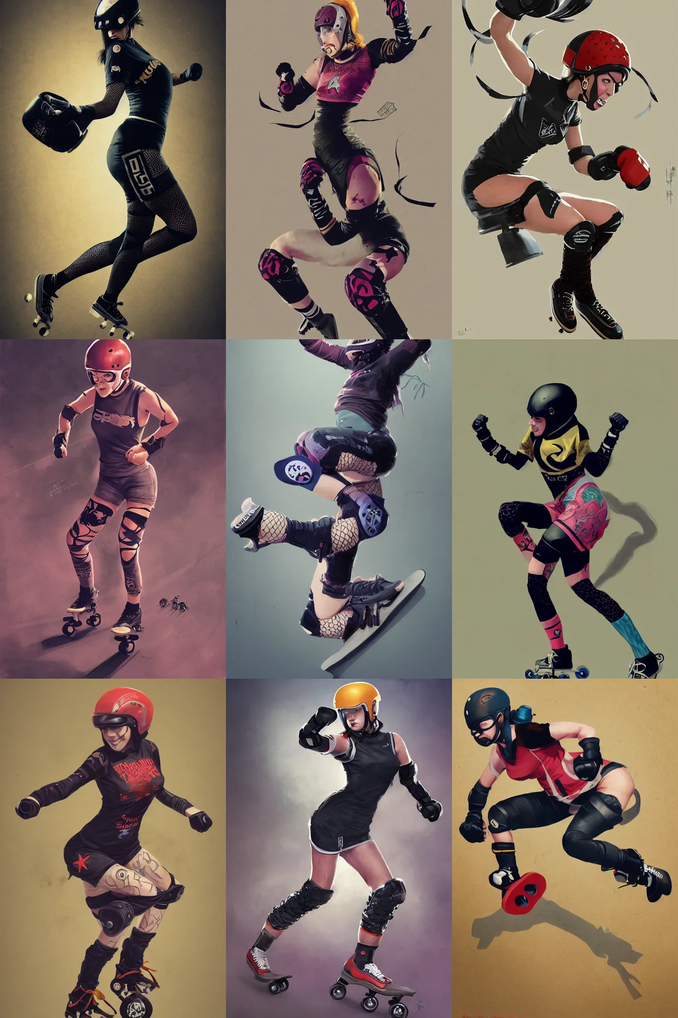 Prompt: logo design, roller derby girl sprinting Cross-Over, wearing skate helmet, knee pads, elbow pads,full length portrait, fishnet tights, torn, ripped, fists in the air, illustration by greg rutkowski