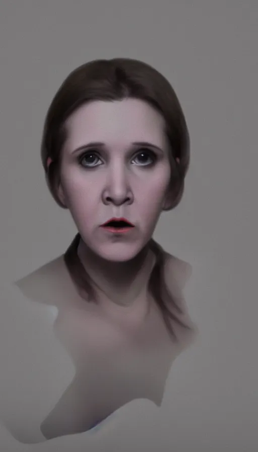 Image similar to a portrait of young carrie fisher, in the style of gottfried helnwein, dirk dzimirsky, gustave courbet, dramatic studio lighting, 3 5 mm f 1. 4 lens depth of field, octane render 8 k