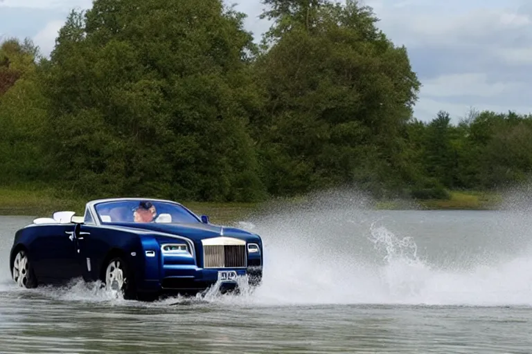 Prompt: Group of teenagers push Rolls-Royce into lake from small slide