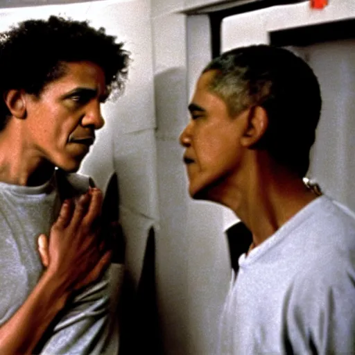 Prompt: film still of Barack Obama being held against a wall by a predator in the movie Alien.