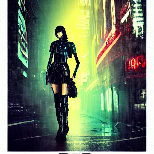 Prompt: high fashion poster clothing design photographic, majiec kuciara, cyberpunk blade runner, volumetric light, floodlight, ambient, street, dark, neon lights, artstation, high contrast, 4 k detailed