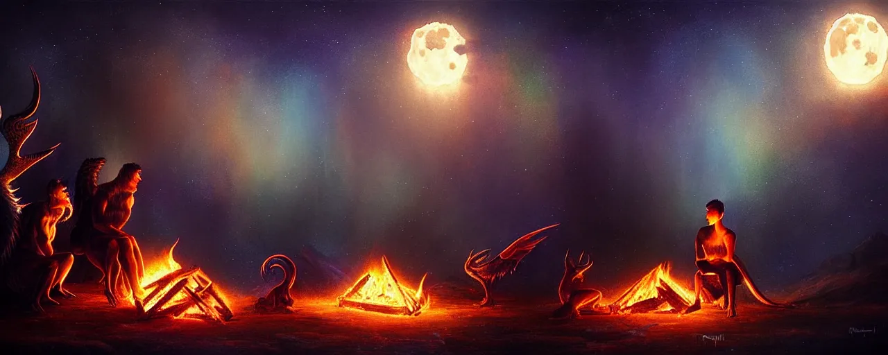 Image similar to uncanny!!! bifrost!!! mythical beasts of sitting around a fire under a full moon at bifrost, surreal dark uncanny painting by ronny khalil