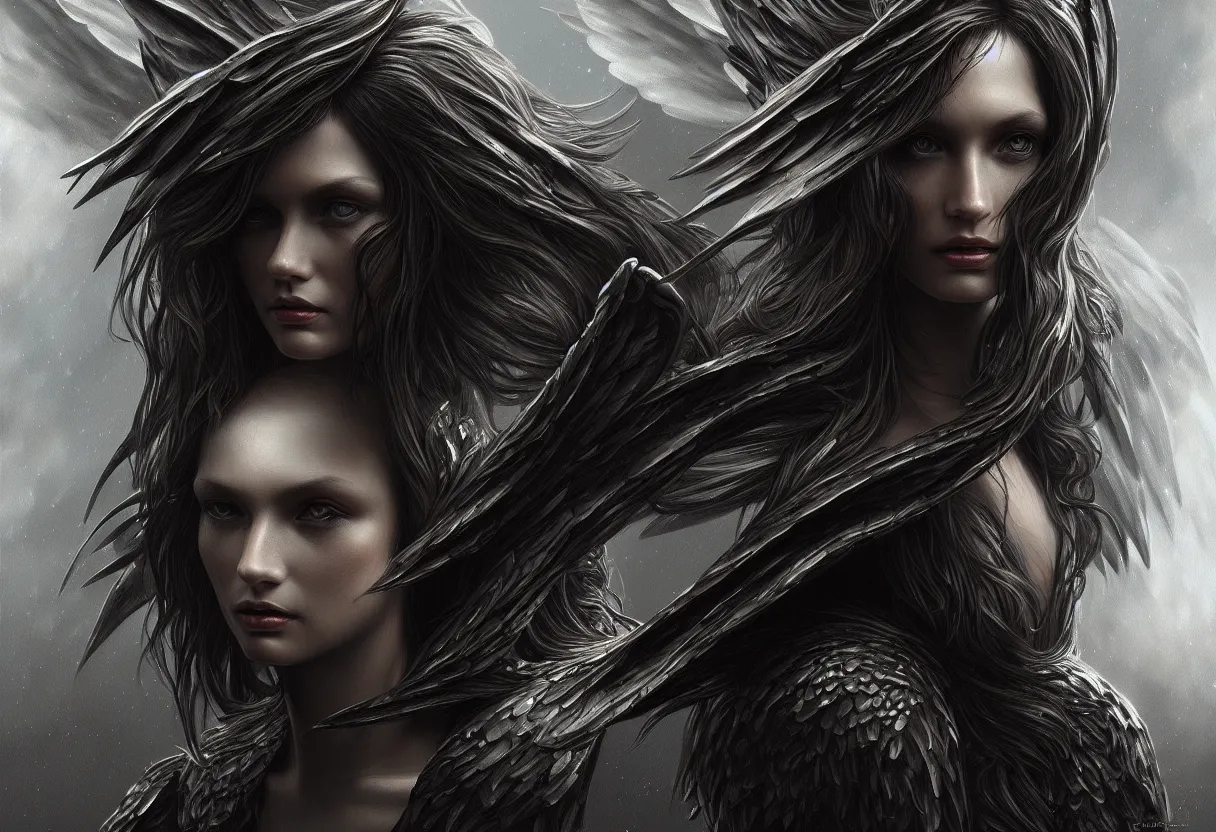 Prompt: detailed portrait of a big dark angel spread wings, diffuse lighting, scifi fantasy, intricate, highly detailed, lifelike, photorealistic, digital painting, artstation, illustration, concept art, smooth, sharp focus,