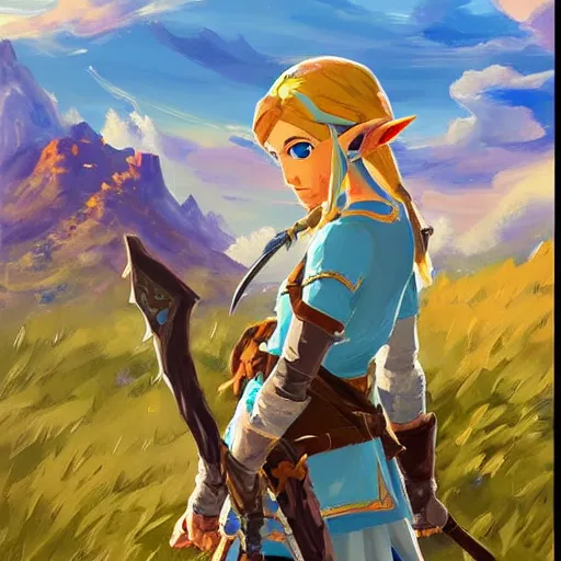 Image similar to oil painting of zelda breath of the wild, mountain in the background. beautiful, rpg, dnd, artgerm, disney, pixar