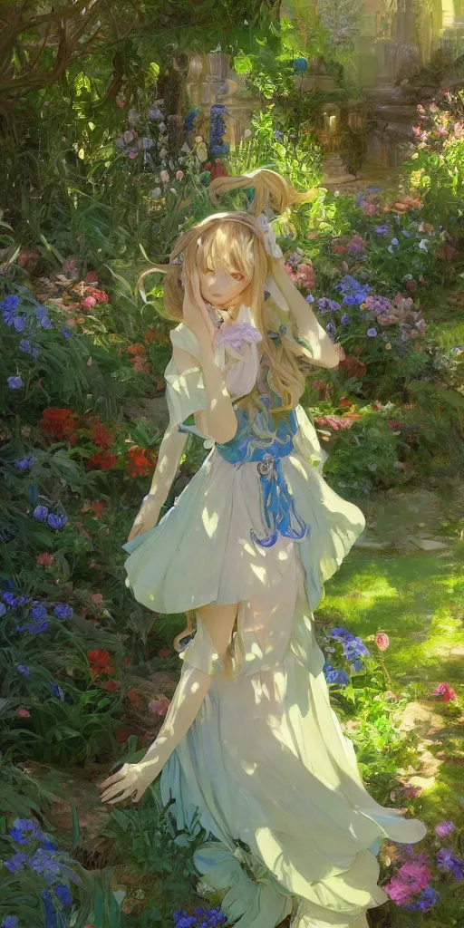 Prompt: a digital art of a loli with long hair in a dress in the privet garden at after noon, green and warm theme and blue accents, back lighting, by krenz cushart and mucha, highly detailed, 4 k resolution, trending on art station